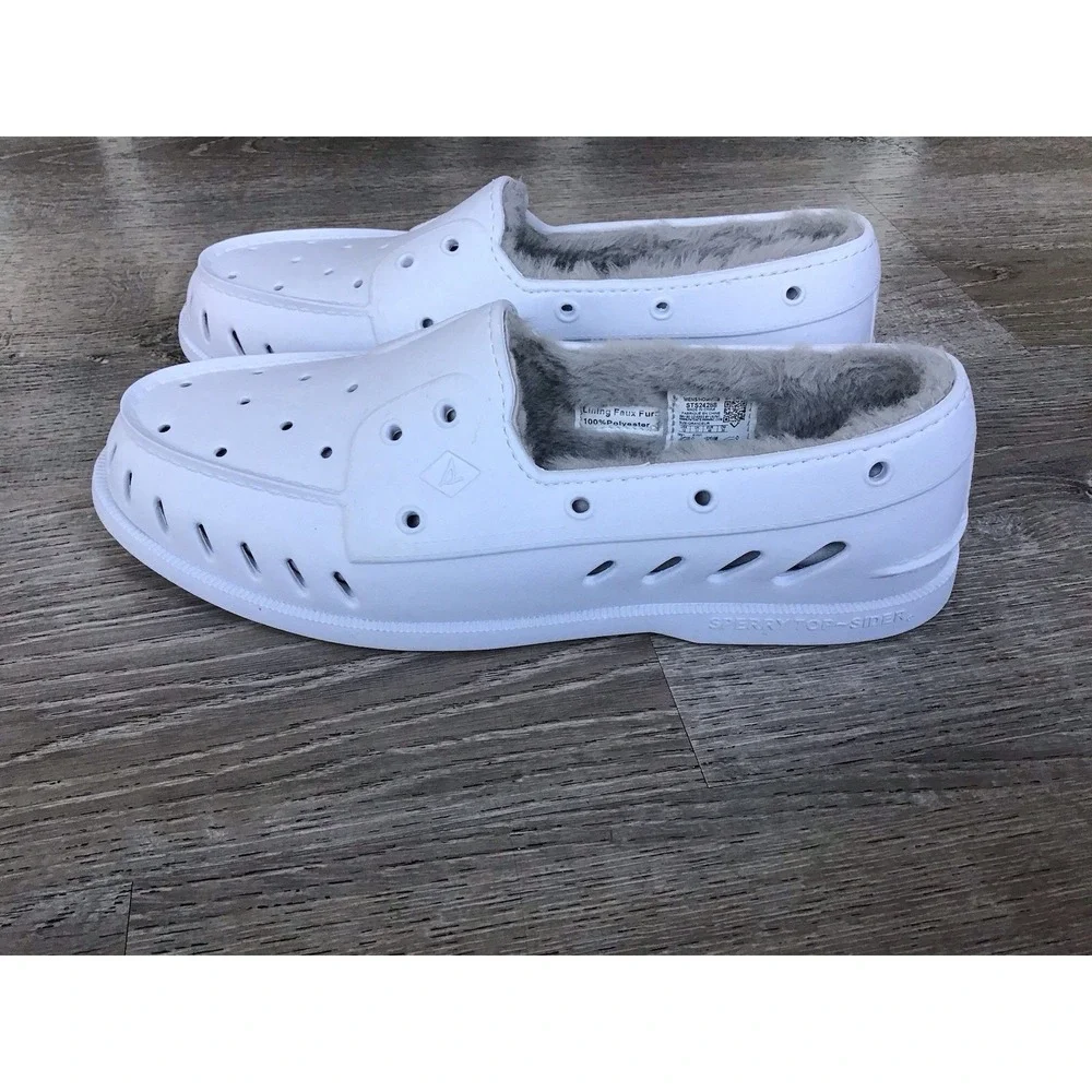 Sperry Boat Shoe Mens 12 White A/O Float Slip On Shearling Faux Fur STS24288